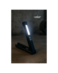 Black foldable flashlight with Lumnar branding on a dark background